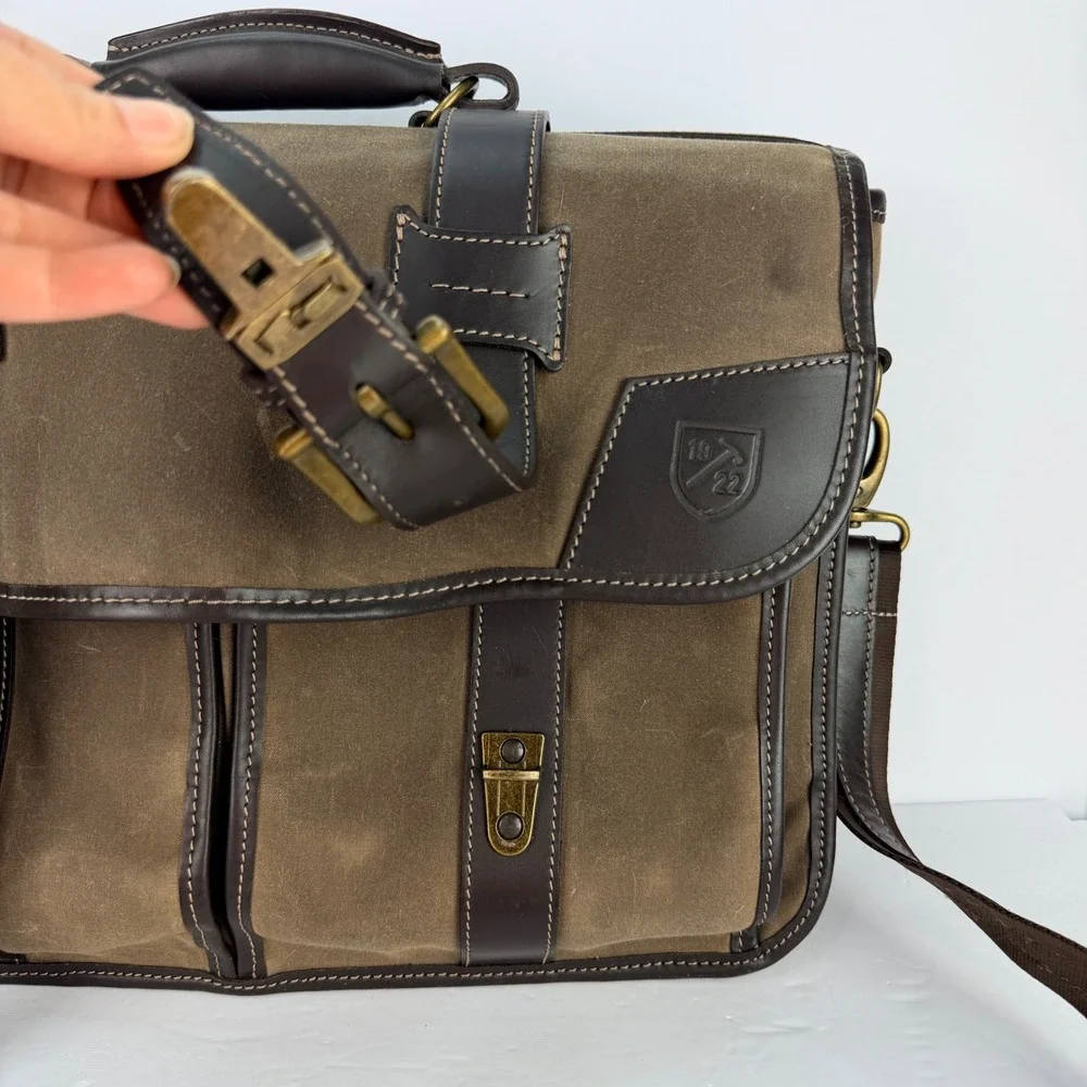VTG Allen Edmonds Waxed Canvas Leather Trim Messenger Bag Briefcase Brown Brass